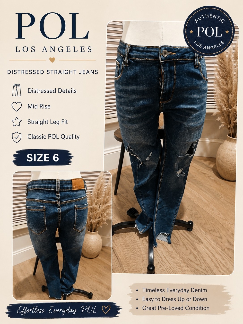 POL Womens’s Distressed Straight Jeans - Dark Blue Size S